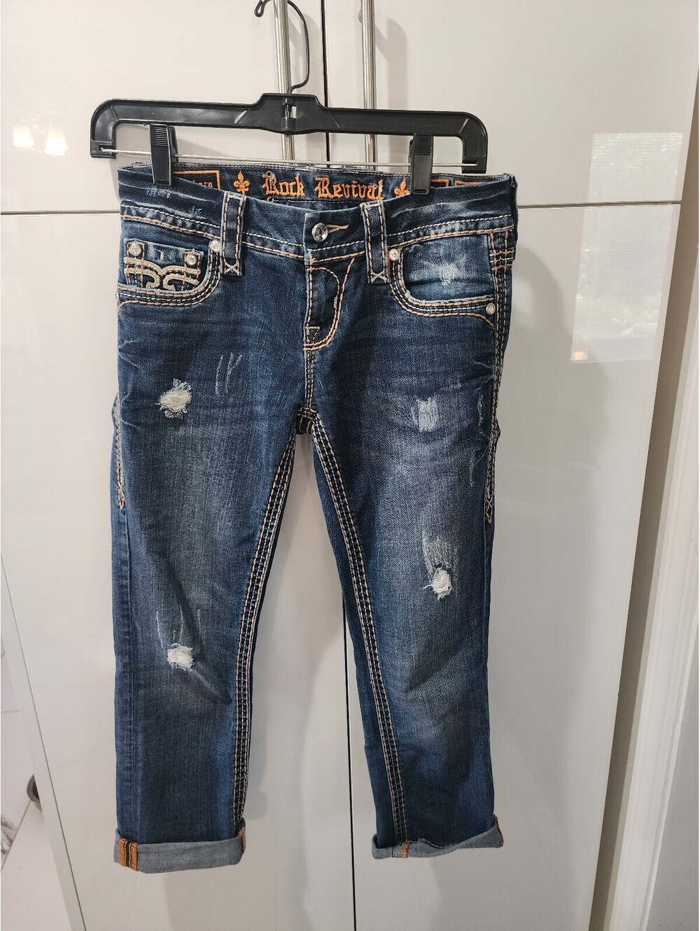 Rock Revival Sukara Crop Jeans Size 26 Distressed Dark Wash Denim